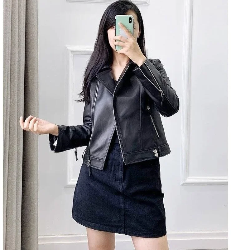 Women's Short Korean Style Real Sheepskin Jacket with Full Sleeves