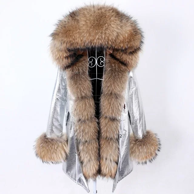 Women's Silver Color Hooded Long-Sleeved Jacket with Real Fox Fur Collar