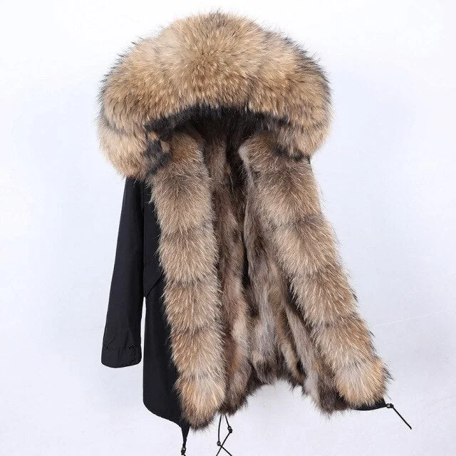 Women's Stylish Hooded Warm Winter Jacket with Natural Raccoon Fur Collar