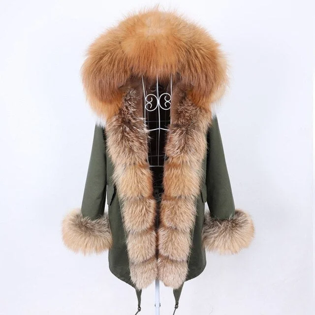 Women's Stylish Natural Fur Collar Hooded Long-Sleeved Solid Color Jacket