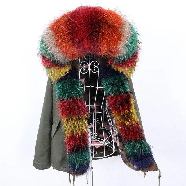 Women's Thick Warm Multicolor Racoon Fur Collared Full Sleeves Winter Jacket