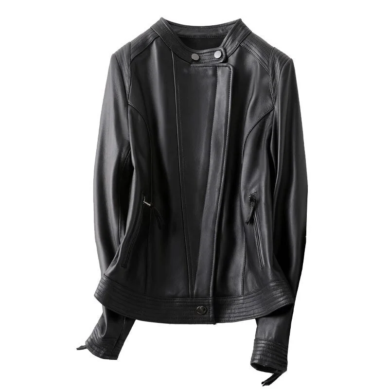 Women's Trendy Black Color Sheepskin Real Leather Short Jacket