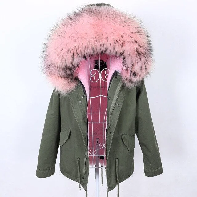 Women's Winter Fashion Long Sleeved Jacket with Natural Raccoon Fur Collar