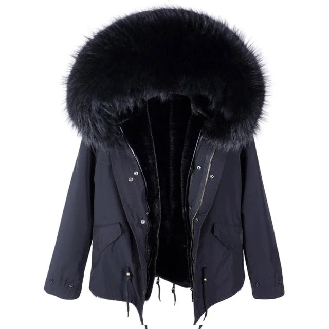 Women's Winter Fashion Long-Sleeved Natural Raccoon Fur Collared Jacket