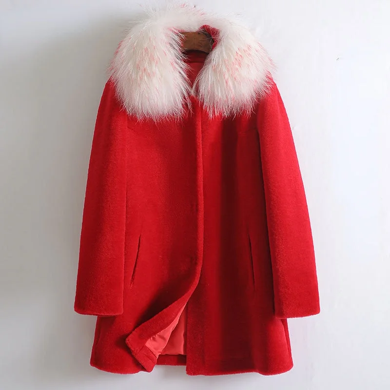 Women's Winter Korean Fashion Raccoon Fur Mid-length Woolen Coats