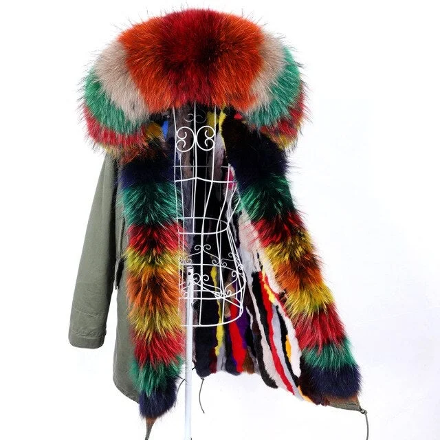 Women's Winter Multicolor Fur Collar Jacket with Removable Fox Fur Lining