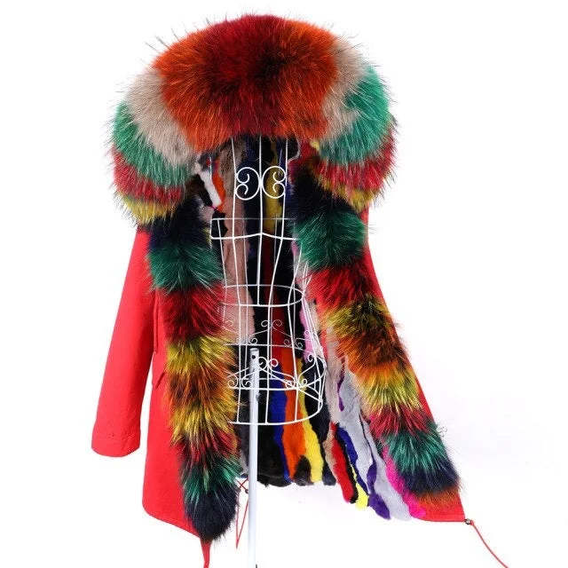 Women's Winter Multicolor Fur Collared Jacket with Removable Fox Fur Lining