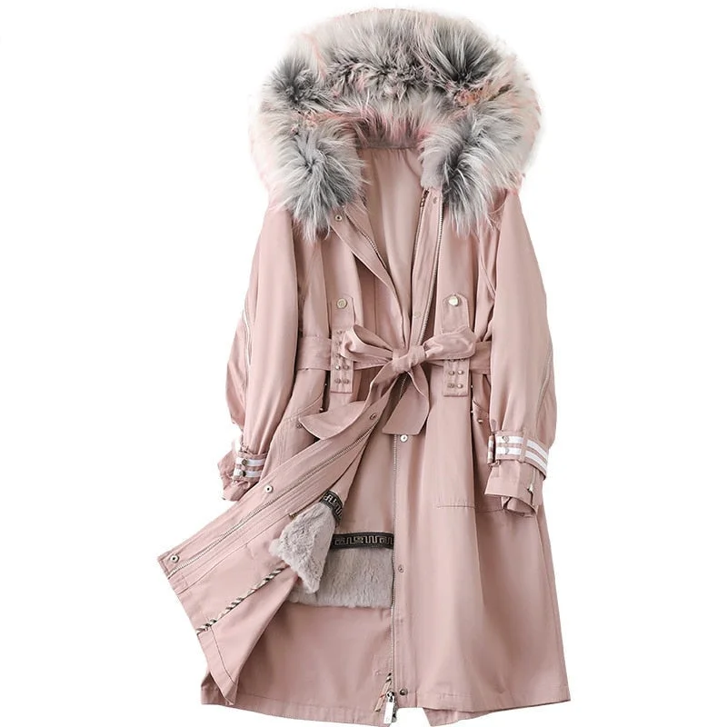 Women's Winter Raccoon Fur Collar Rabbit Fur Liner Detachable Coat