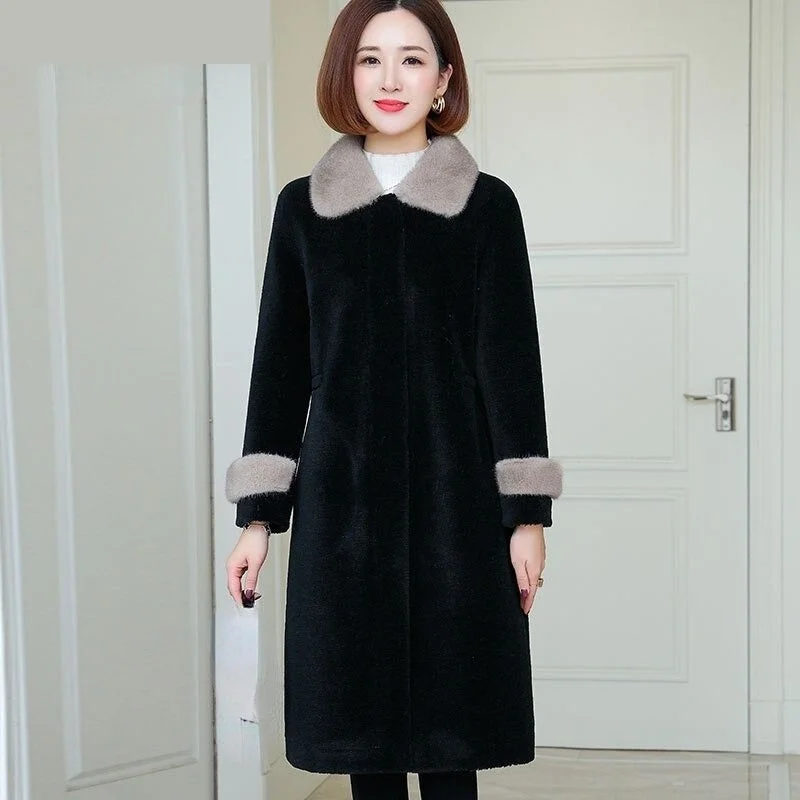 Women's Winter Style Mink Fur Turn Down Collar Long Coat Jacket