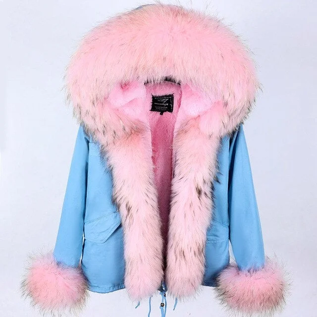 Women's Winter Style Natural Racoon Fur Sleeves and Collar Parkas