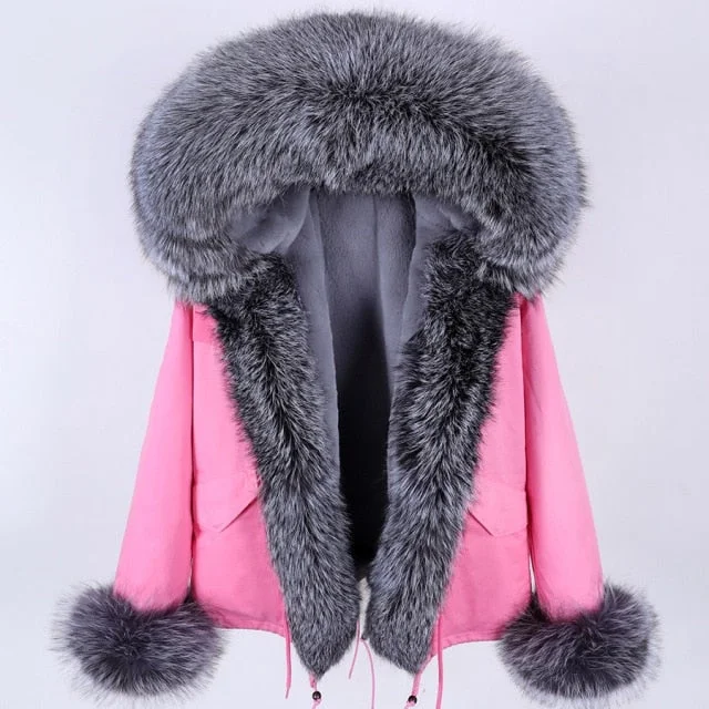 Women's Winter Style Parkas with Natural Racoon Fur Trim on Sleeves and Collar