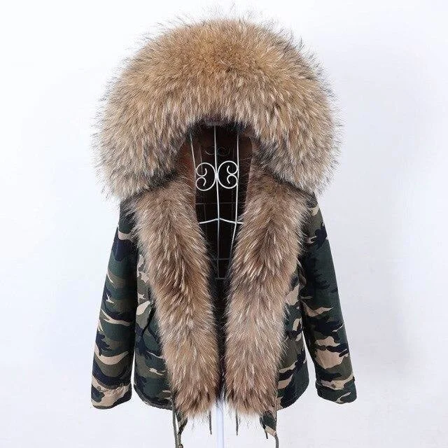 Women's Winter Thick Warm Printed Fox Fur Collar Full Sleeved Hooded Jacket