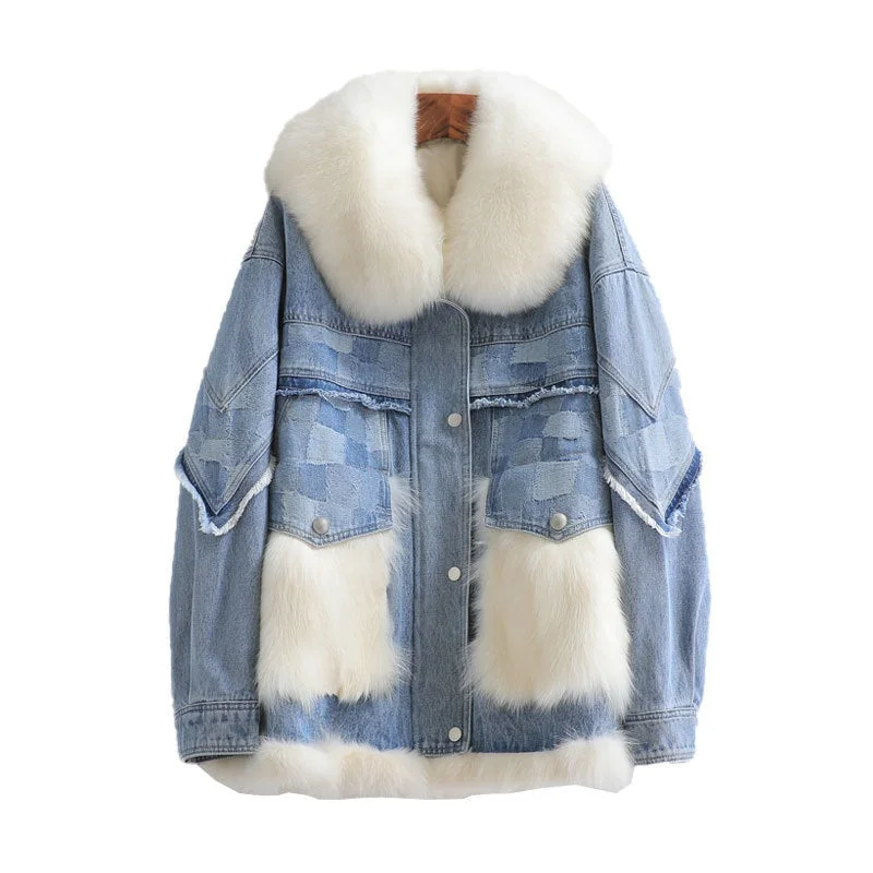 Women's Winter Warm Collar Denim Patchwork Fox Fur Short Coats