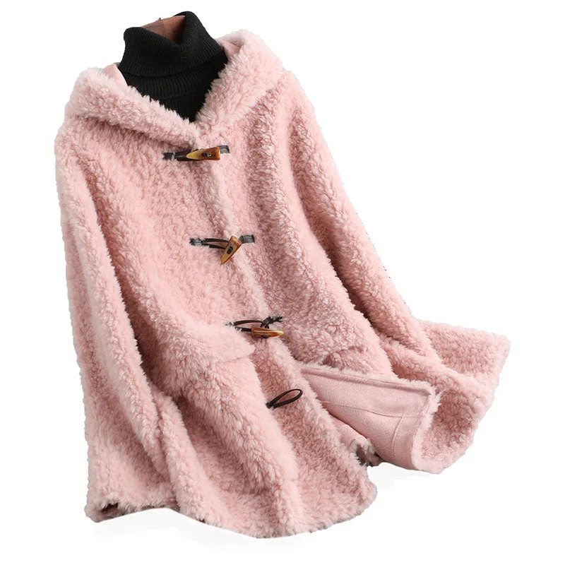 Women's Winter Wool Fur Hooded Coats Long Sleeve Korean Coats