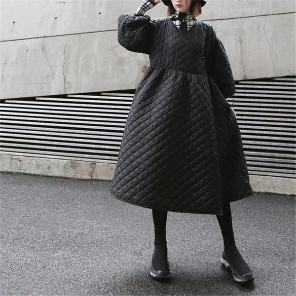 2020 New Autumn V-collar 3/4 Sleeve Black Long Bandage Cotton-padded Coat