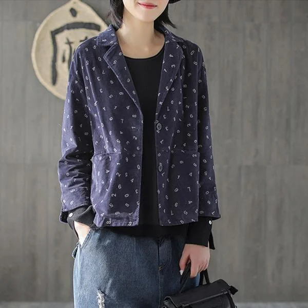 2020 New Vintage Turn-down Collar Corduroy Original Women Print Coats