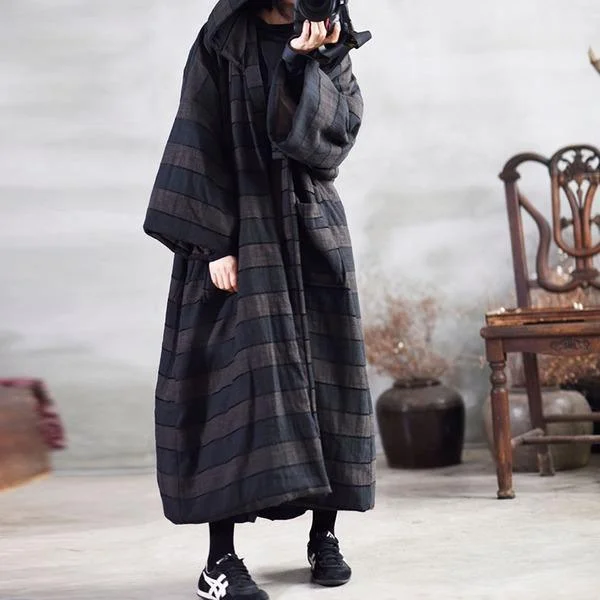 2020 Spring Striped New Loose Simple Casual Warm Cotton Long Hooded Coats