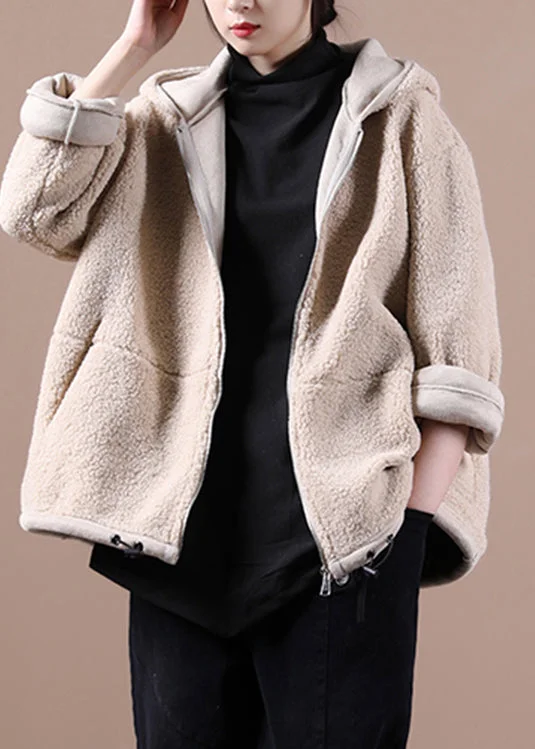 Apricot Drawstring Faux Fur Hooded Coats Fall