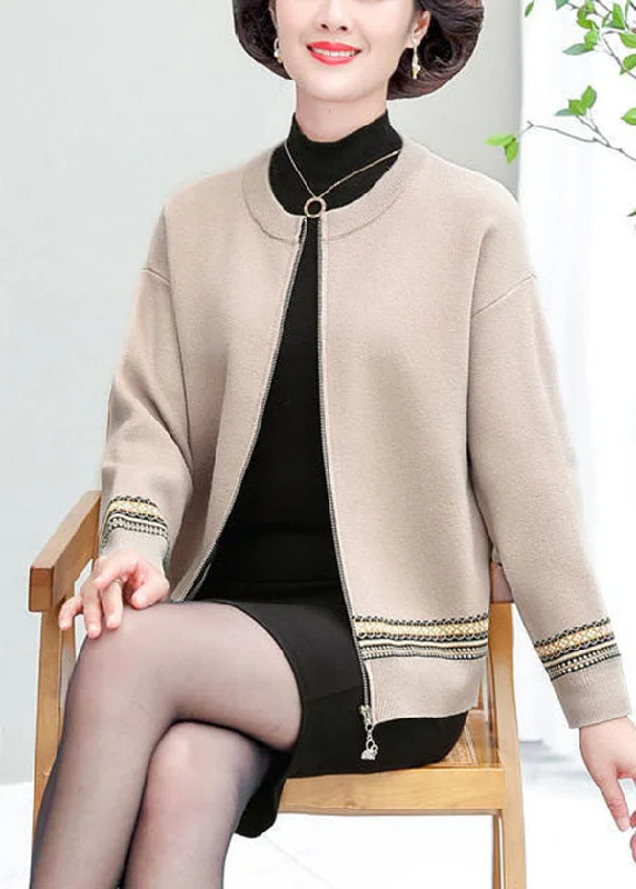 Apricot Patchwork Woolen Jackets O-Neck Embroidered Long Sleeve