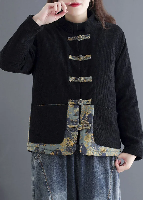 Art Black Chinese Button Patchwork Warm Fleece Coat Outwear Winter