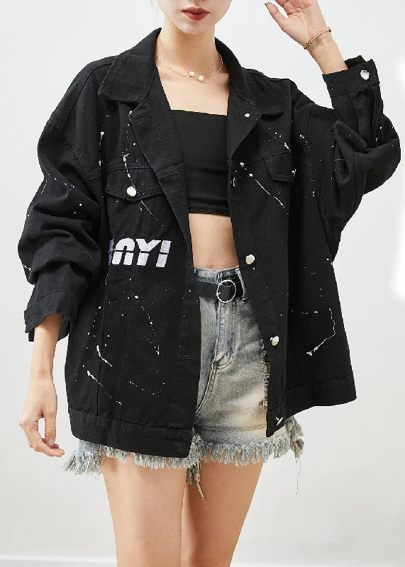 Art Black Oversized Letter Print Denim Jackets Fall