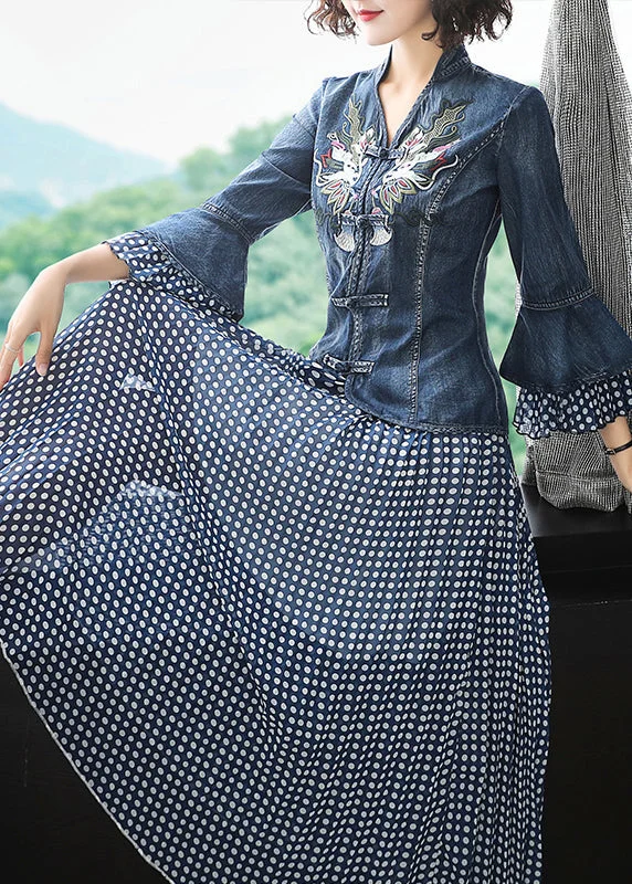 Art Blue Stand Collar Embroidered Denim Coats Flare Sleeve And Dot Print Chiffon Skirts Two Piece Set Women Clothing