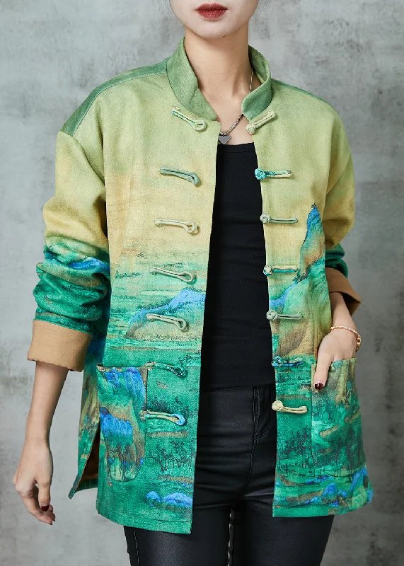 Art Green Print Chinese Button Silk Jacket Spring