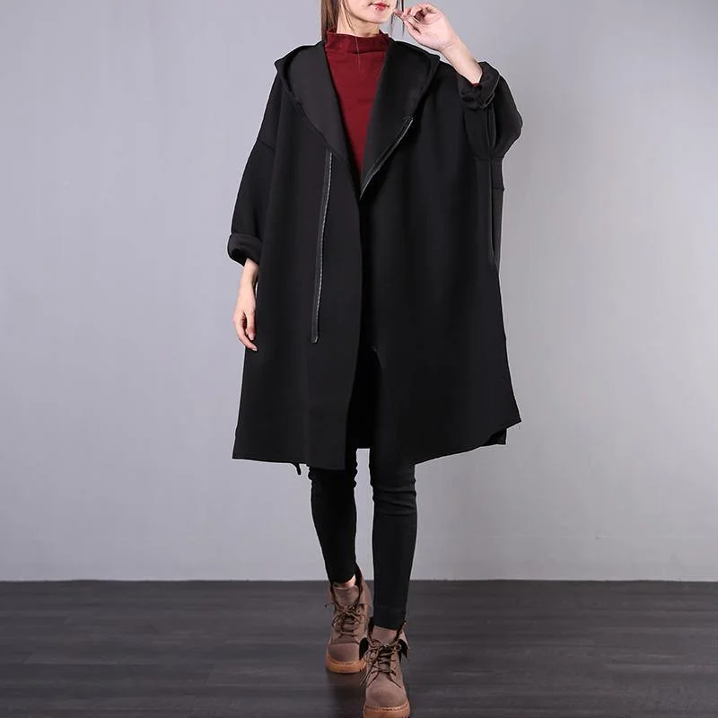 Art hooded zippered Fashion spring coat for woman black cotton coat