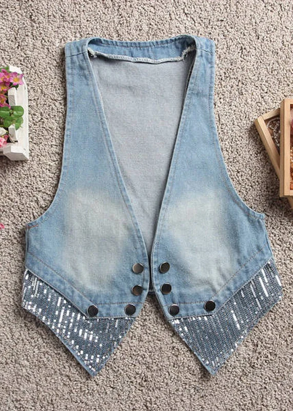 Art Light Blue V Neck Patchwork Button Denim Waistcoat Fall