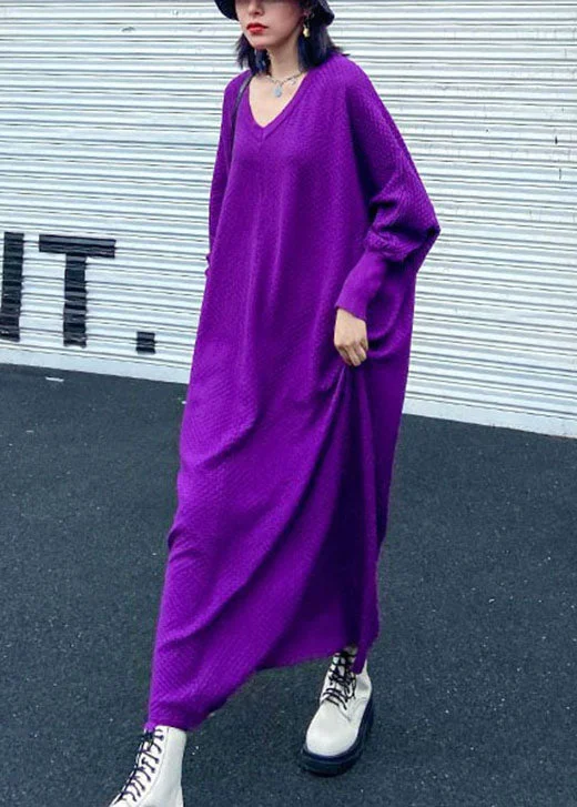 Art Purple V Neck Loose Casual Fall Long Knit Dress