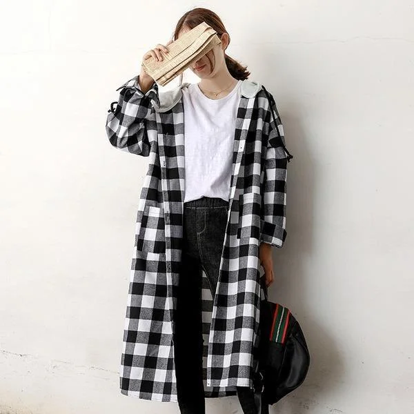 Autumn Single Breasted Hooded Casual Long Plaid Coat 2020 New Korean Long Sleeve Pockets