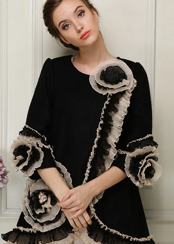 Beautiful Black O-Neck Nail Bead Floral Woolen Coats Bracelet Sleeve