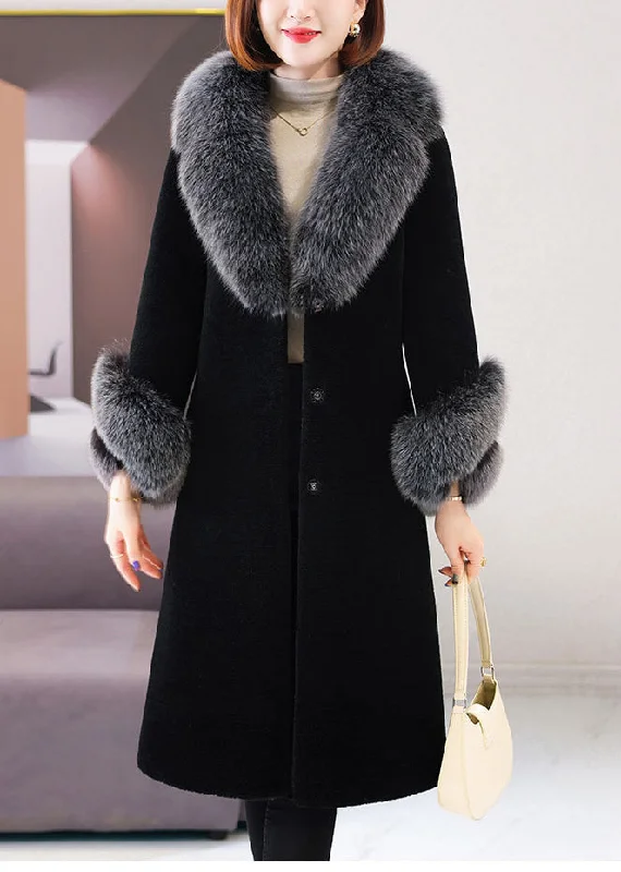 Beautiful Black V Neck Tie Waist Fuzzy Fur Long Coat Winter