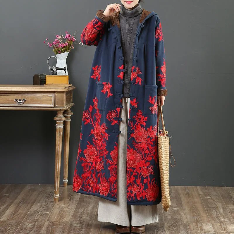 Beautiful embroidery Fine hooded outwear navy warm daily jackets