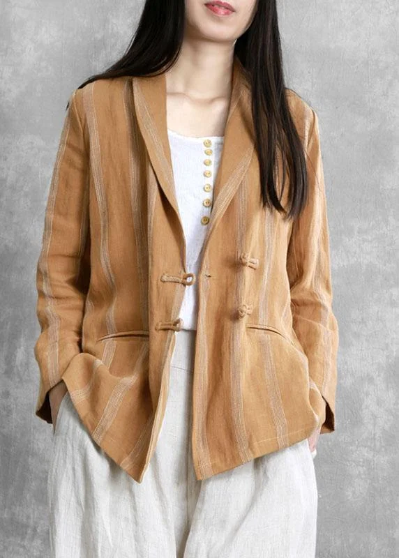 Beautiful Khaki PeterPan Collar Striped Fall Button Long sleeve Coat