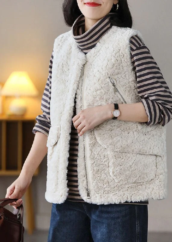 Beige Thick Fuzzy Fur Fluffy Waistcoat Zip Up Spring