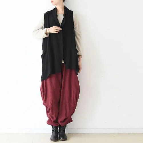 black asymmetric linen blouse draping back vest casual stylish tops jacket linen clothing