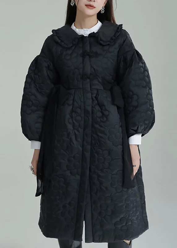 Black Embossed Cotton Filled Coat Peter Pan Collar Lantern Sleeve