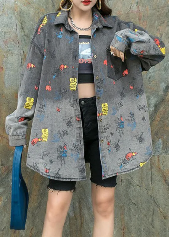 Black Grey Graphic Patchwork Denim Shirts Coat Peter Pan Collar Spring