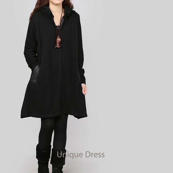 Black Hooded women spring sweater coat cardigan