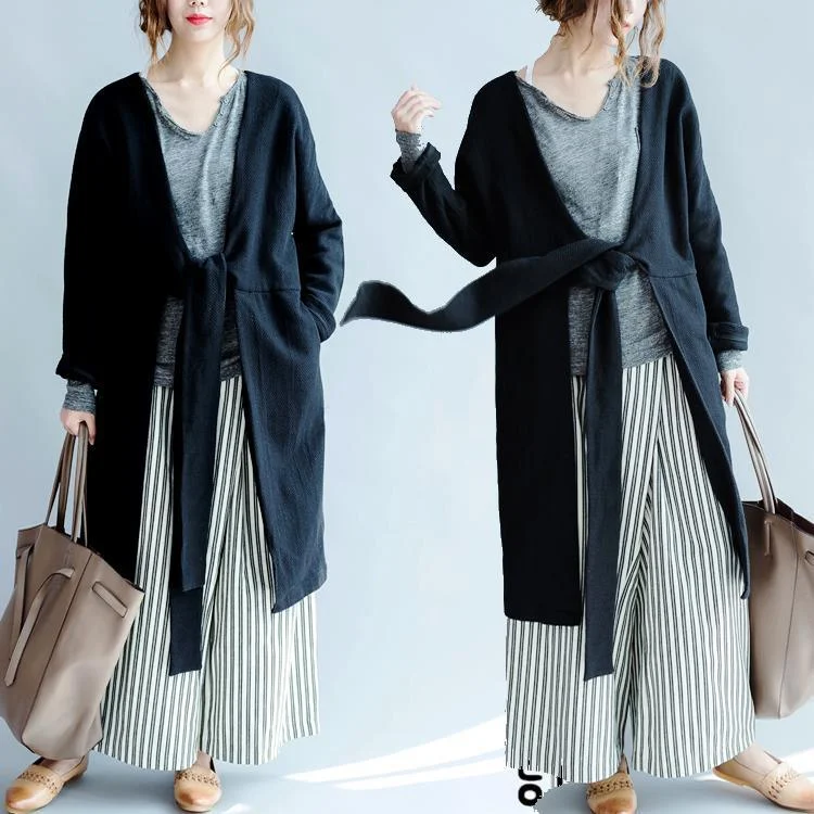 Black long knit cardigans women unique knitted sweater coats cotton