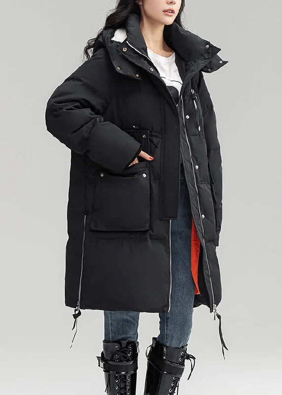 Black Pockets Patchwork Duck Down Down Coat Zip Up Long Sleeve