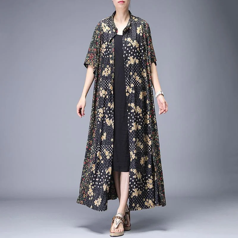 black Rural Floral Printed Elegant Casual  Italian dress boutique short sleeve Coat