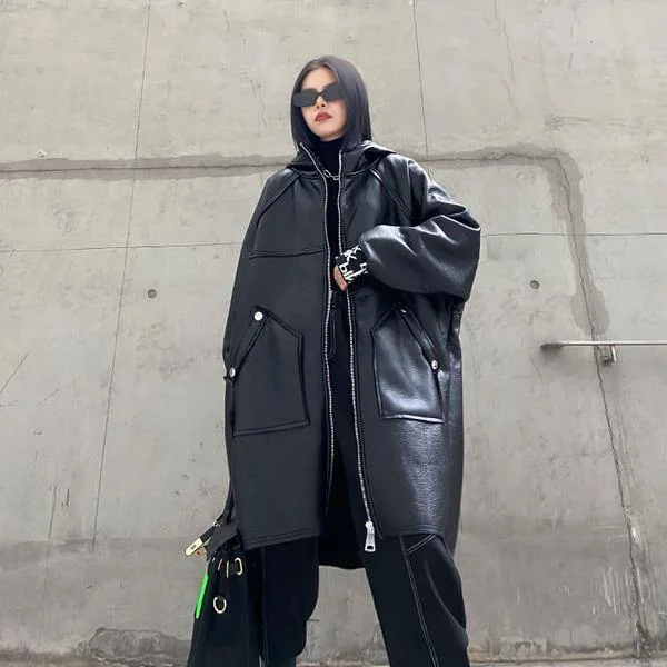 Black Splicing Keep Warm Faux Leather Women New Winter Fashion All-match Coat Personality Splicing Street Trendy