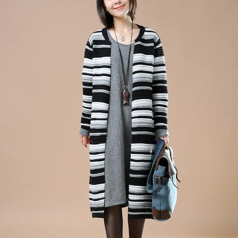 Black striped knit cardigan coats woman winter sweaters