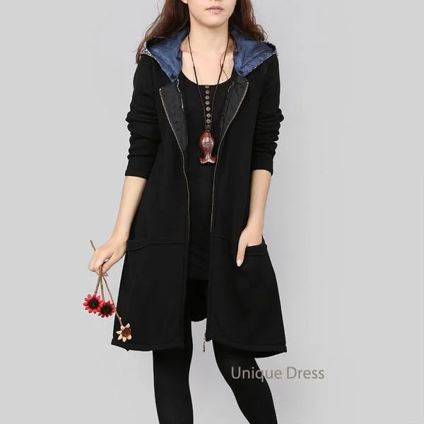 Black zippered women sweater long cardigan coat