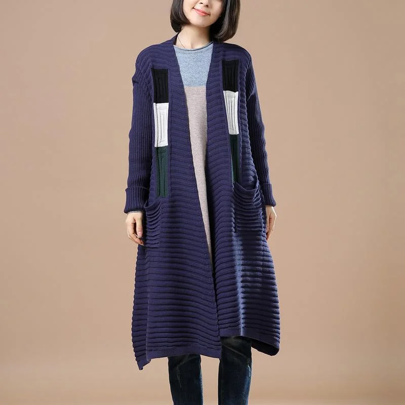 blue patchwork long sweaters coats woman outwear