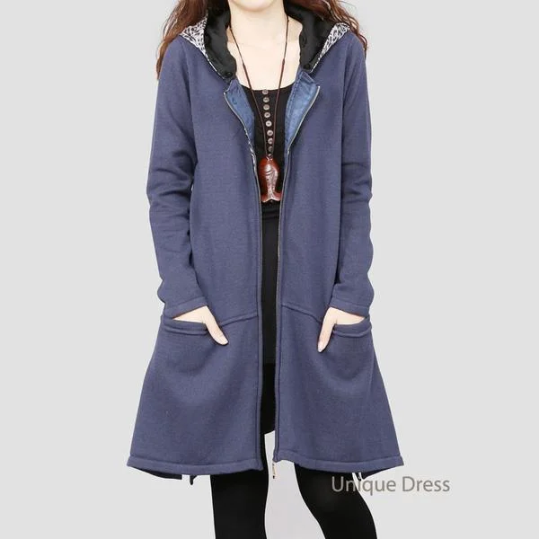 Blue women sweater hooded cardigan coat