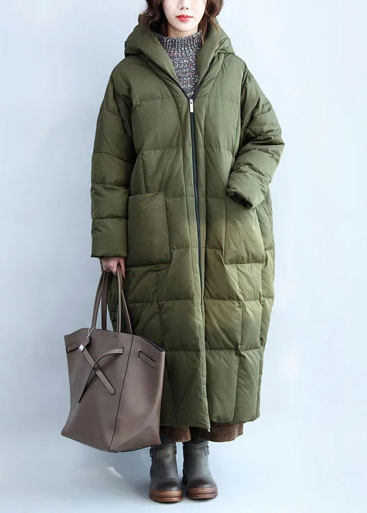 Boutique Army Green Hooded Zippered Pockets Duck Down Puffer Coat Winter