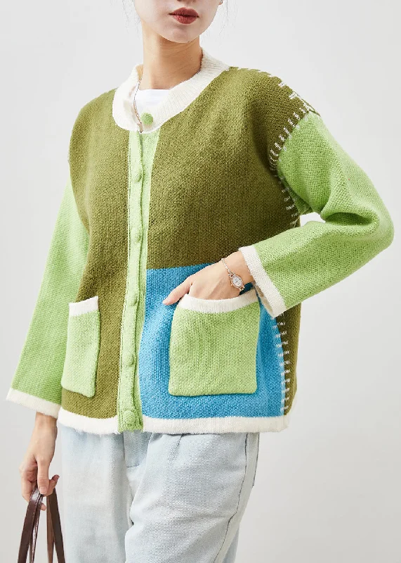 Boutique Green Oversized Patchwork Knit Jackets Spring